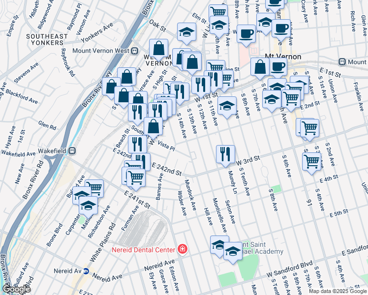 map of restaurants, bars, coffee shops, grocery stores, and more near 115 South 14th Avenue in Mount Vernon