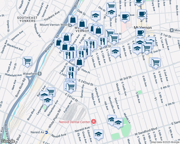 map of restaurants, bars, coffee shops, grocery stores, and more near in The Bronx