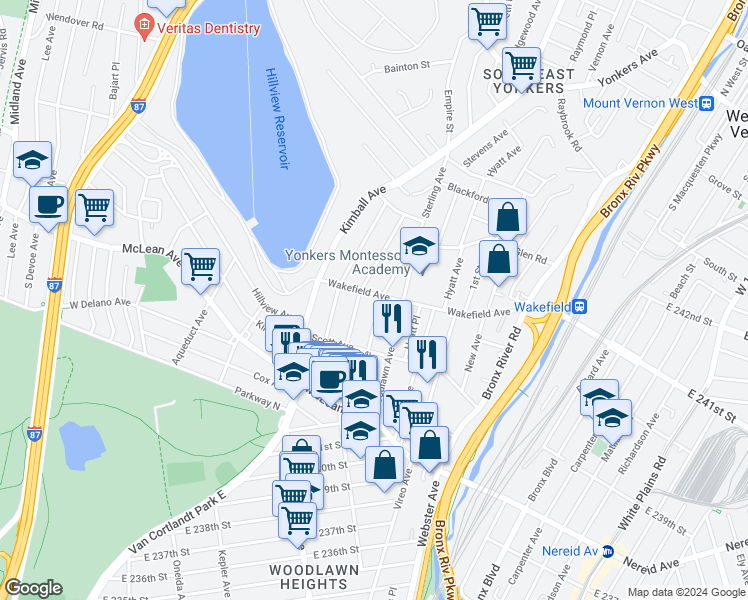 map of restaurants, bars, coffee shops, grocery stores, and more near 95 Sterling Avenue in Yonkers