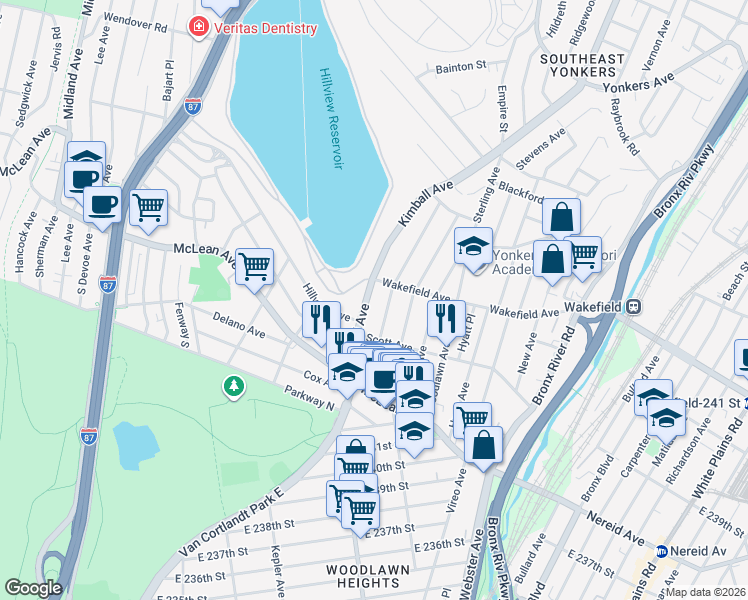 map of restaurants, bars, coffee shops, grocery stores, and more near 74 Alexander Avenue in Yonkers