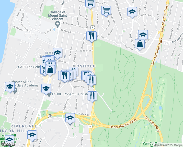 map of restaurants, bars, coffee shops, grocery stores, and more near 5900 Post Road in Bronx