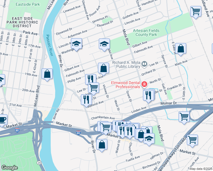 map of restaurants, bars, coffee shops, grocery stores, and more near 91 Orchard Street in Elmwood Park