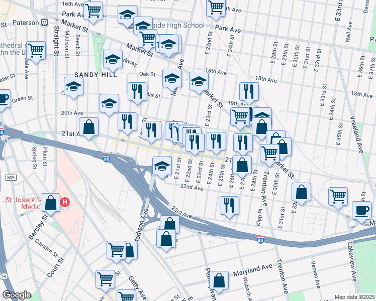 map of restaurants, bars, coffee shops, grocery stores, and more near 425 21st Avenue in Paterson