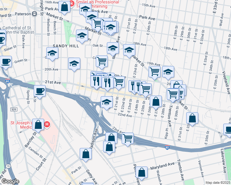 map of restaurants, bars, coffee shops, grocery stores, and more near 425 21st Avenue in Paterson