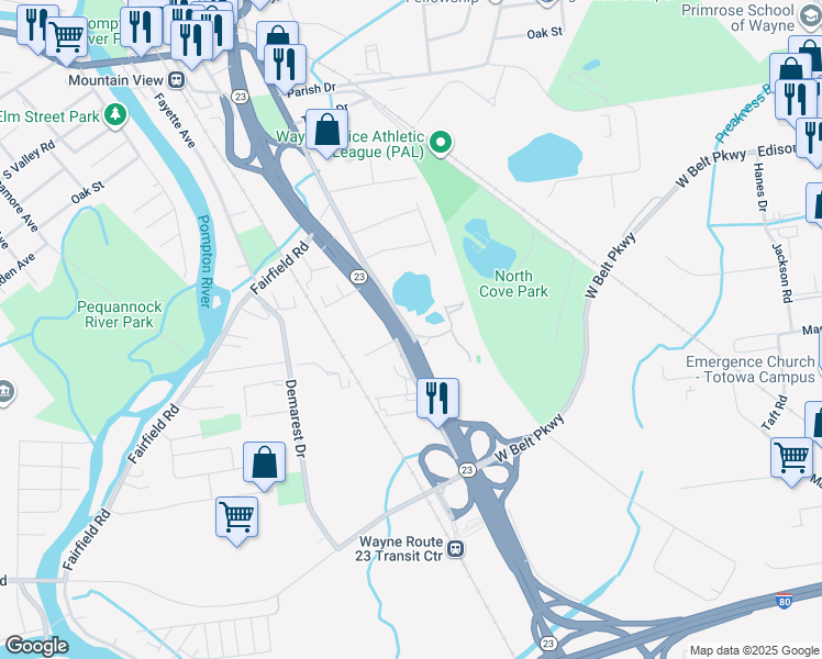 map of restaurants, bars, coffee shops, grocery stores, and more near 48 Burgess Place in Wayne