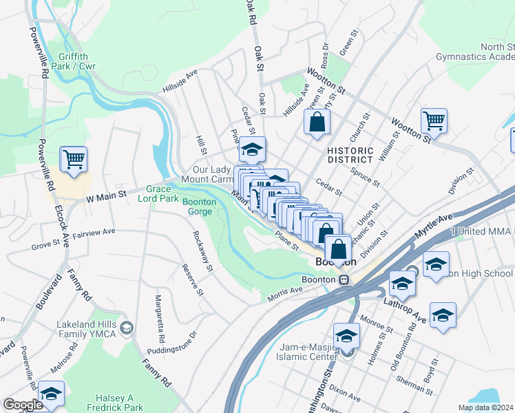 map of restaurants, bars, coffee shops, grocery stores, and more near 923 Main Street in Boonton