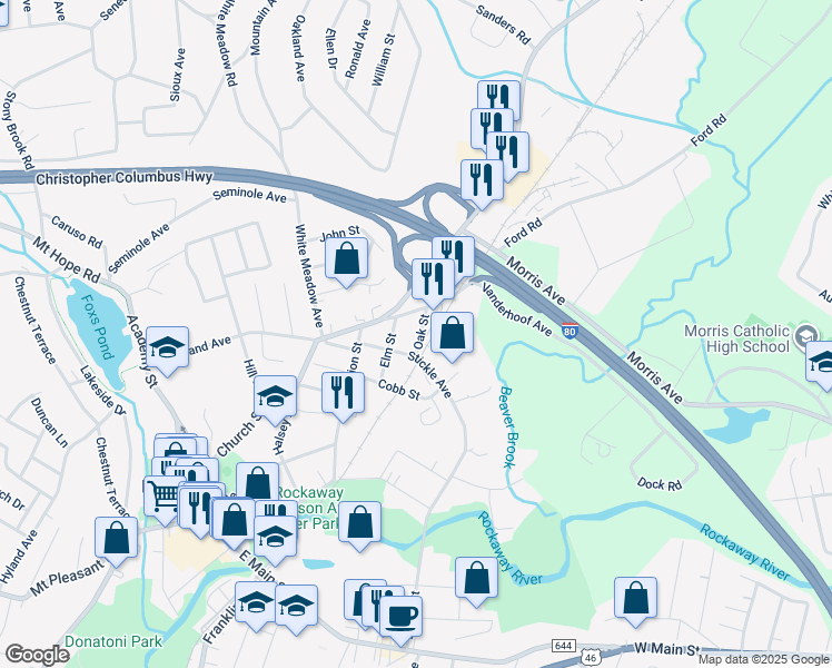 map of restaurants, bars, coffee shops, grocery stores, and more near 5 Oak Street in Rockaway