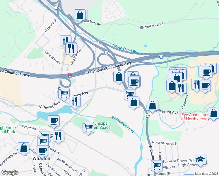 map of restaurants, bars, coffee shops, grocery stores, and more near 117 East Dewey Avenue in Wharton