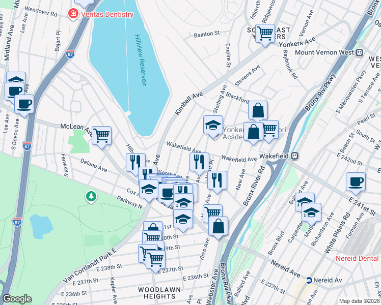 map of restaurants, bars, coffee shops, grocery stores, and more near 95 Sterling Avenue in Yonkers