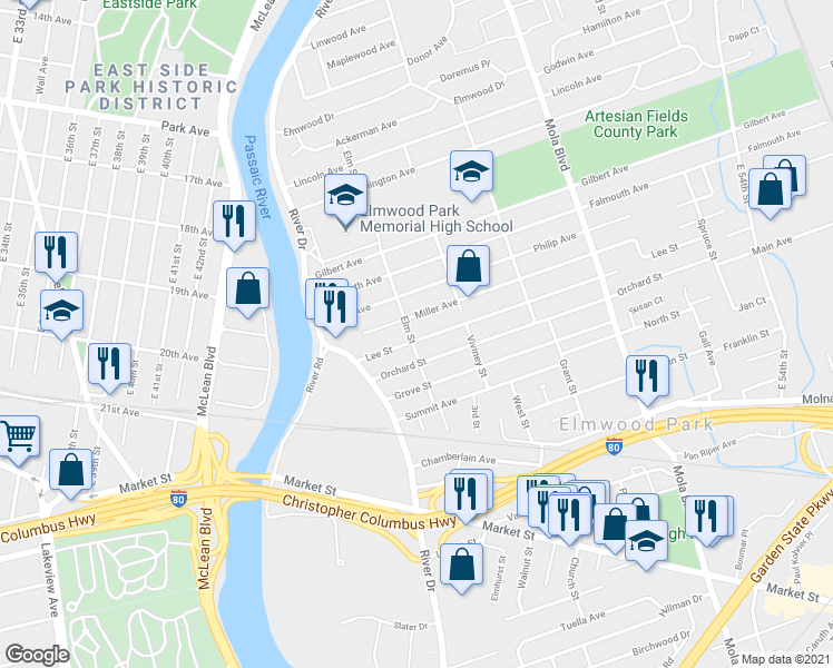 map of restaurants, bars, coffee shops, grocery stores, and more near 43 Lee Street in Elmwood Park