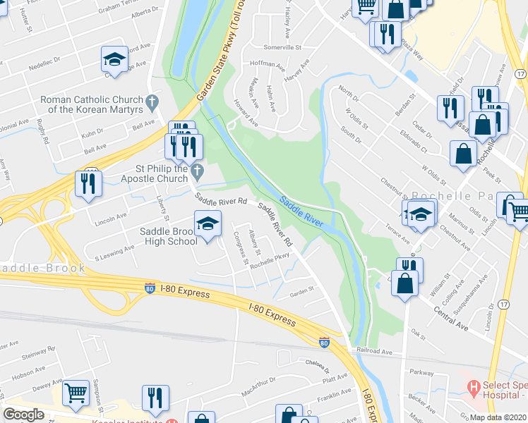 map of restaurants, bars, coffee shops, grocery stores, and more near 1 Orchard Lane in Saddle Brook