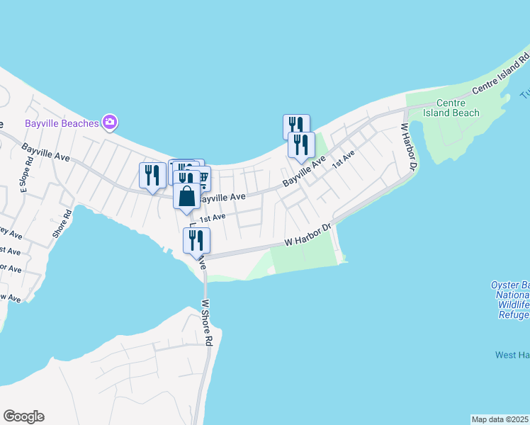 map of restaurants, bars, coffee shops, grocery stores, and more near 11 14th Street in Bayville