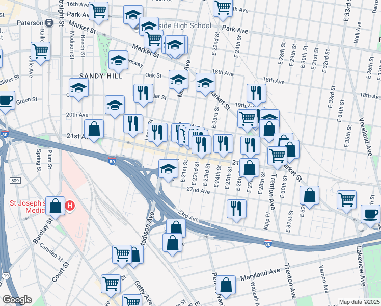 map of restaurants, bars, coffee shops, grocery stores, and more near 425 21st Avenue in Paterson