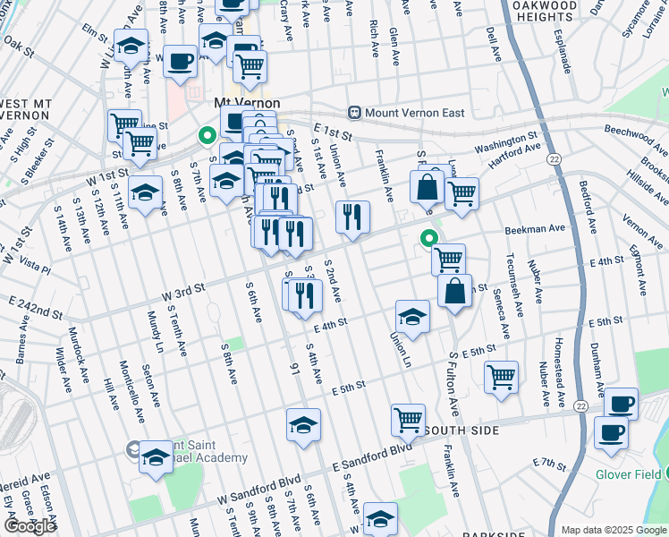 map of restaurants, bars, coffee shops, grocery stores, and more near 219 South 2nd Avenue in Mount Vernon