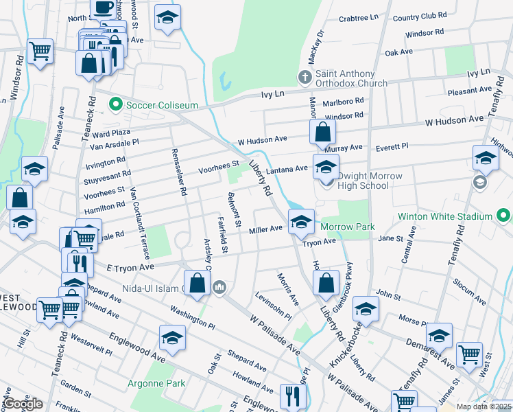map of restaurants, bars, coffee shops, grocery stores, and more near 381 Greenleaf Avenue in Englewood