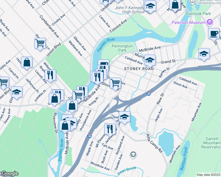 map of restaurants, bars, coffee shops, grocery stores, and more near 48 Ferrary Place in Woodland Park