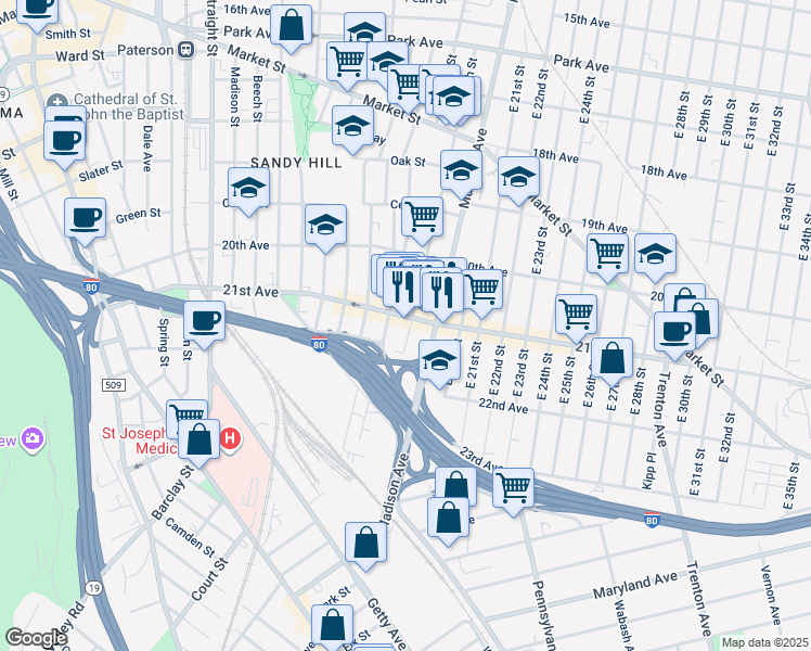 map of restaurants, bars, coffee shops, grocery stores, and more near 1012 East 19th Street in Paterson