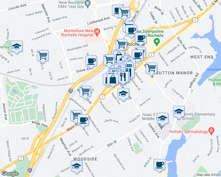 map of restaurants, bars, coffee shops, grocery stores, and more near 605 Main Street in New Rochelle