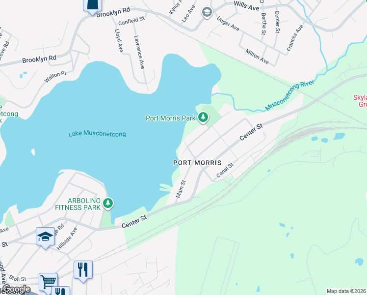 map of restaurants, bars, coffee shops, grocery stores, and more near 2 Lake Street in Roxbury Township