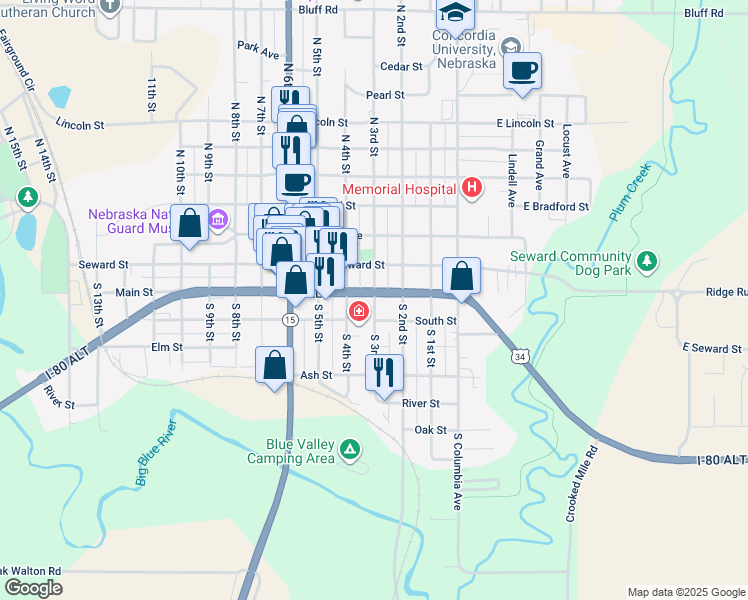 map of restaurants, bars, coffee shops, grocery stores, and more near 222 S 3rd St in Seward