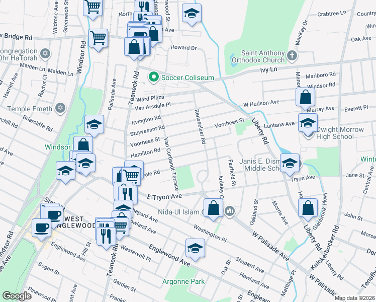 map of restaurants, bars, coffee shops, grocery stores, and more near 153 Van Buskirk Road in Teaneck