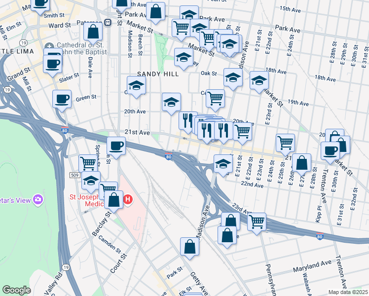 map of restaurants, bars, coffee shops, grocery stores, and more near 150 Lewis Street in Paterson
