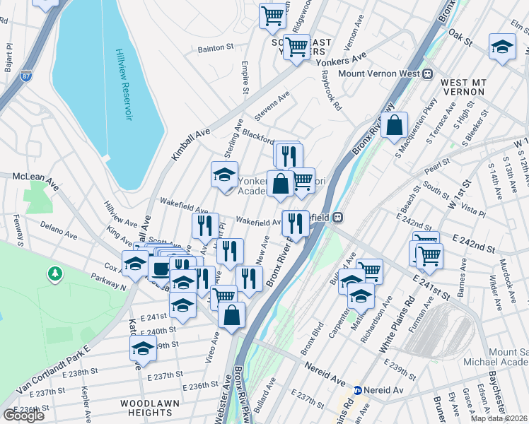 map of restaurants, bars, coffee shops, grocery stores, and more near 144 1st Street in Yonkers