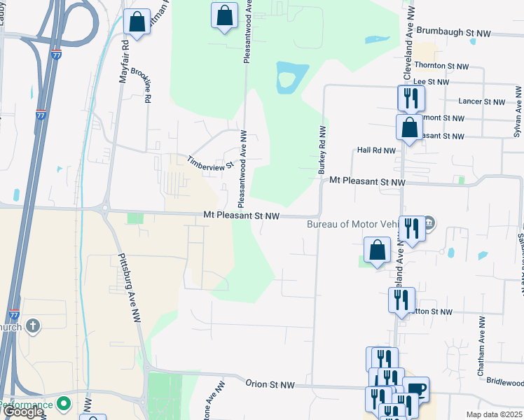 map of restaurants, bars, coffee shops, grocery stores, and more near 3691 Mount Pleasant Street Northwest in North Canton
