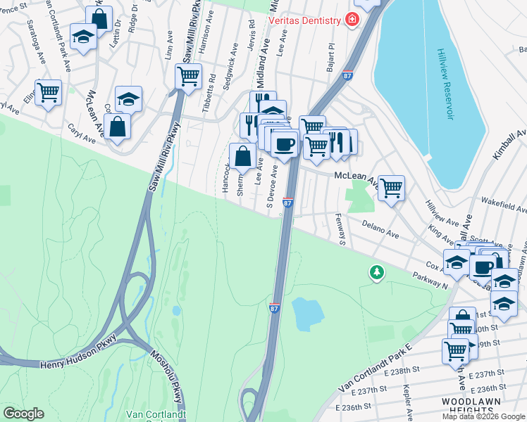 map of restaurants, bars, coffee shops, grocery stores, and more near 163 Forest Avenue in Yonkers