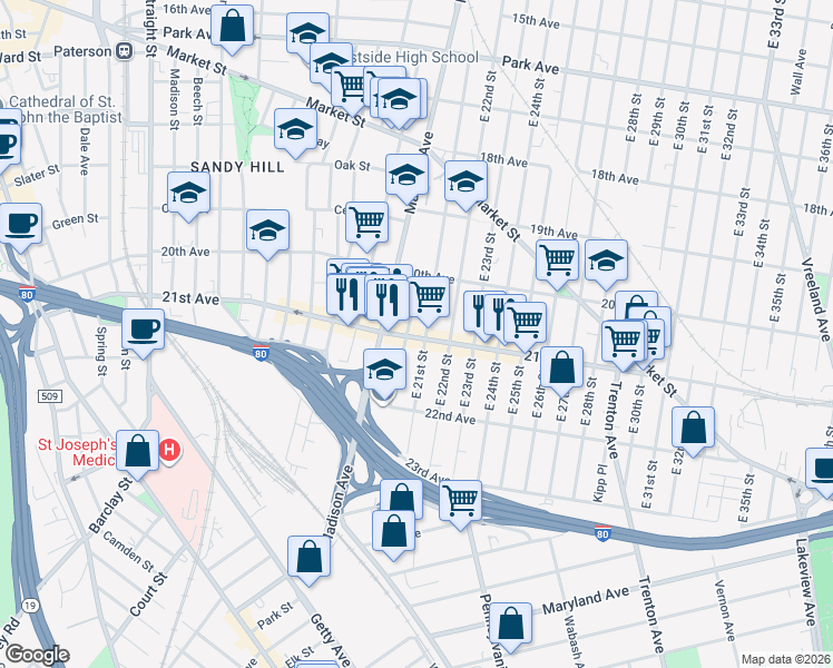 map of restaurants, bars, coffee shops, grocery stores, and more near 425 21st Avenue in Paterson