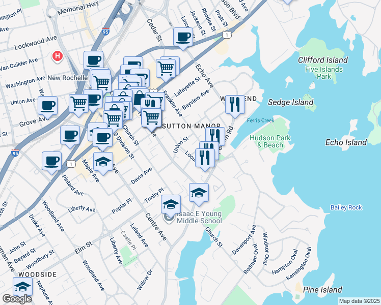 map of restaurants, bars, coffee shops, grocery stores, and more near 130 Locust Avenue in New Rochelle