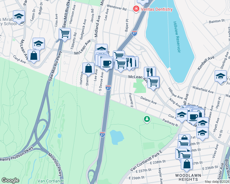 map of restaurants, bars, coffee shops, grocery stores, and more near 220 Delano Avenue in Yonkers