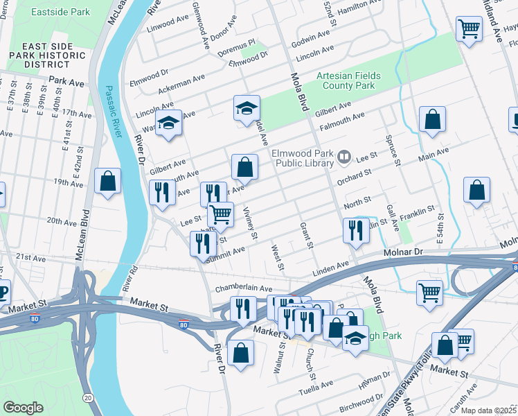 map of restaurants, bars, coffee shops, grocery stores, and more near 91 Orchard Street in Elmwood Park