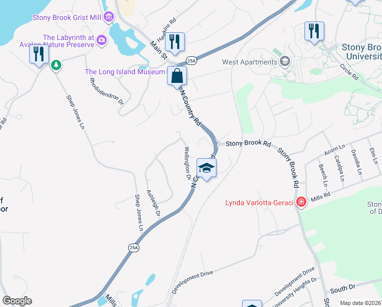 map of restaurants, bars, coffee shops, grocery stores, and more near 3 Arlington Court in Stony Brook