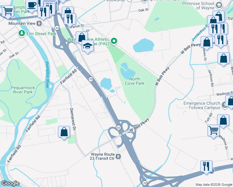 map of restaurants, bars, coffee shops, grocery stores, and more near 2432 Crossing Way in Wayne