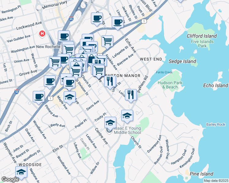 map of restaurants, bars, coffee shops, grocery stores, and more near 85 North Avenue in New Rochelle