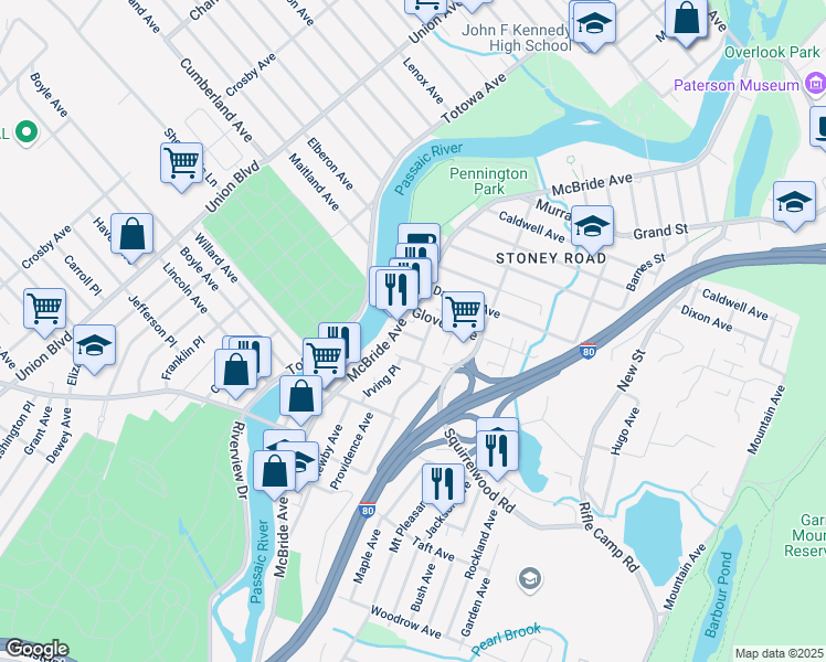 map of restaurants, bars, coffee shops, grocery stores, and more near 31 Wood Street in Woodland Park