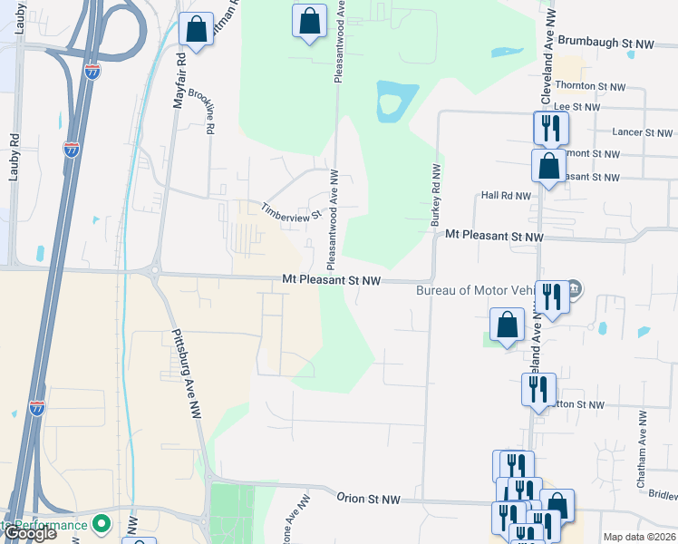 map of restaurants, bars, coffee shops, grocery stores, and more near 8420 Pleasantwood Avenue Northwest in North Canton