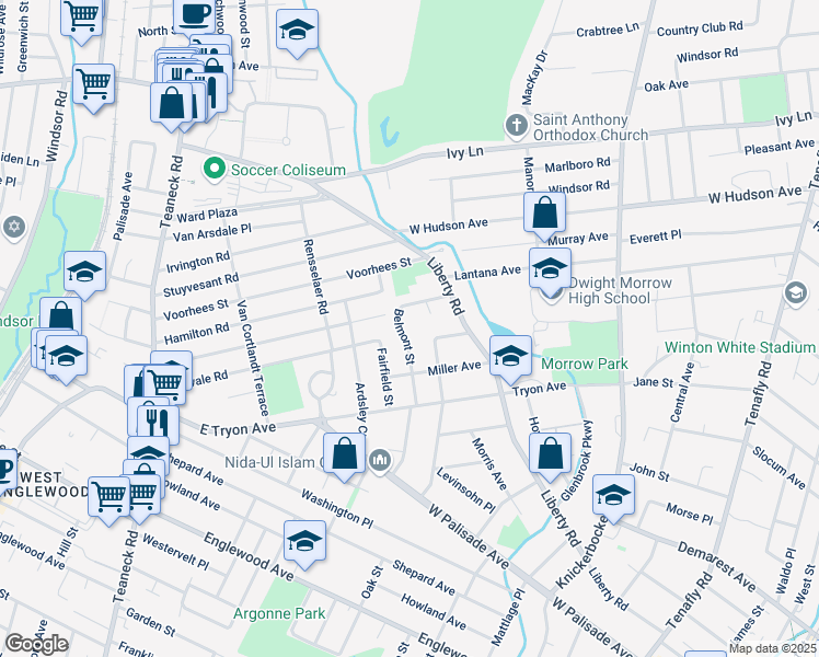map of restaurants, bars, coffee shops, grocery stores, and more near 127 Belmont Street in Englewood