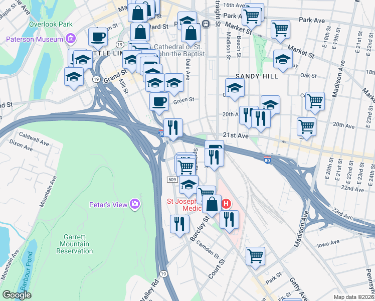 map of restaurants, bars, coffee shops, grocery stores, and more near 184 Jackson Street in Paterson