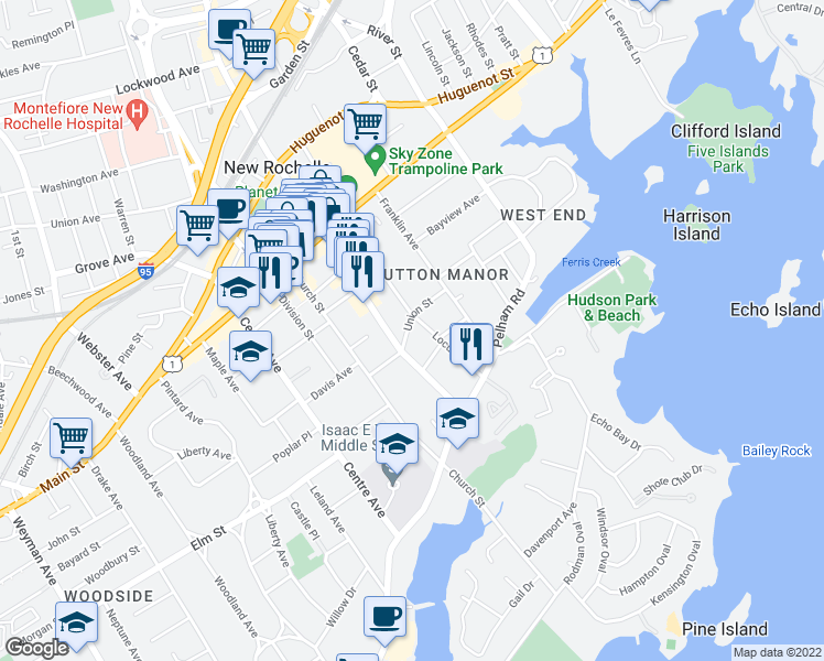 map of restaurants, bars, coffee shops, grocery stores, and more near 85 North Avenue in New Rochelle