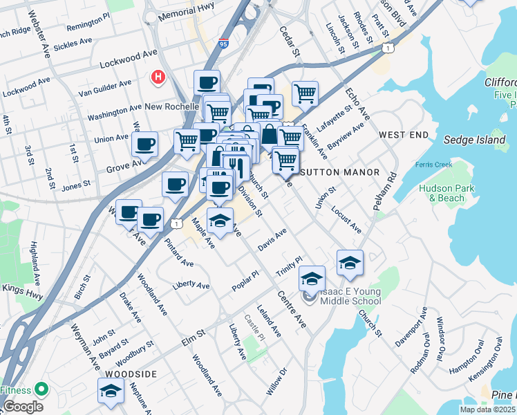 map of restaurants, bars, coffee shops, grocery stores, and more near 64 South Division Street in New Rochelle
