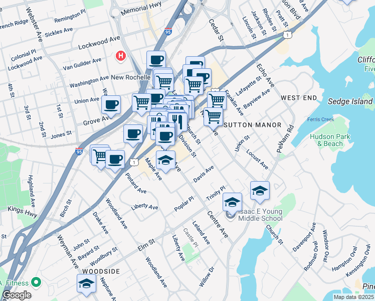 map of restaurants, bars, coffee shops, grocery stores, and more near 35 Prospect Street in New Rochelle
