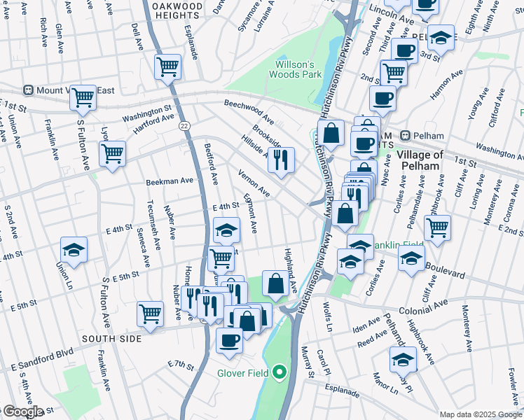 map of restaurants, bars, coffee shops, grocery stores, and more near 311 Egmont Avenue in Mount Vernon