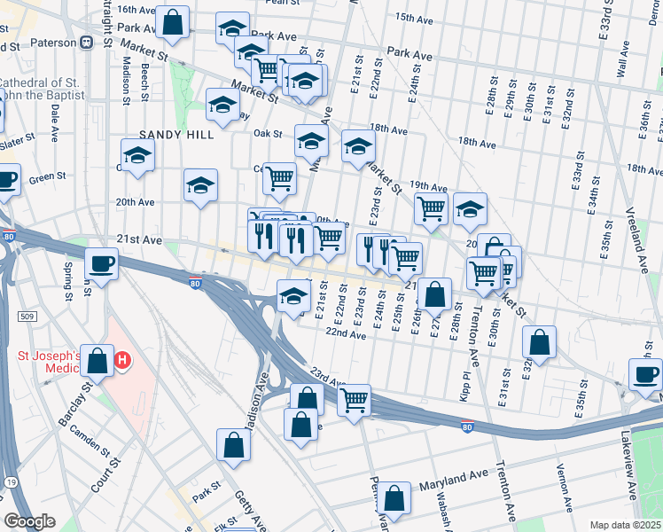 map of restaurants, bars, coffee shops, grocery stores, and more near 425 21st Avenue in Paterson