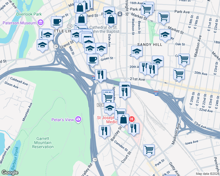 map of restaurants, bars, coffee shops, grocery stores, and more near 184 Jackson Street in Paterson