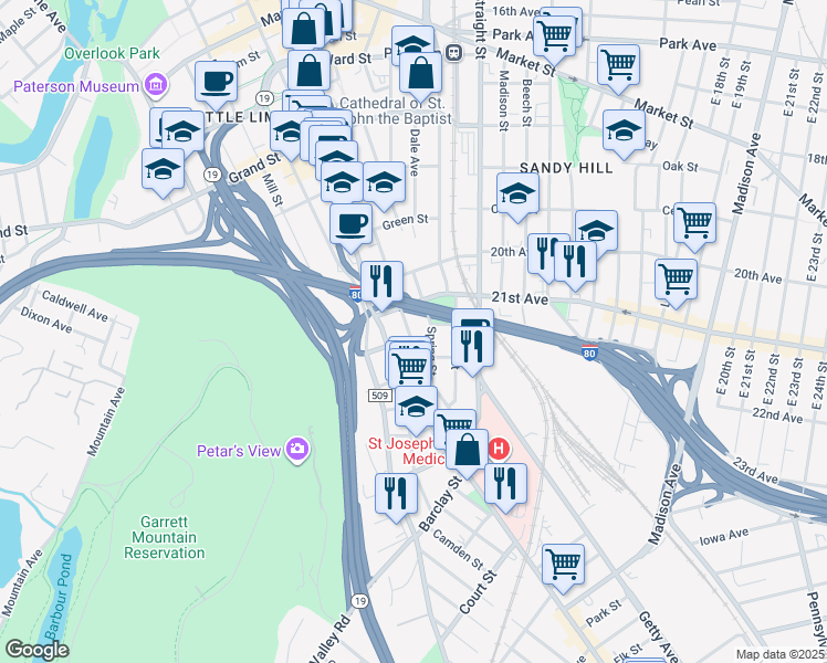map of restaurants, bars, coffee shops, grocery stores, and more near 184 Jackson Street in Paterson