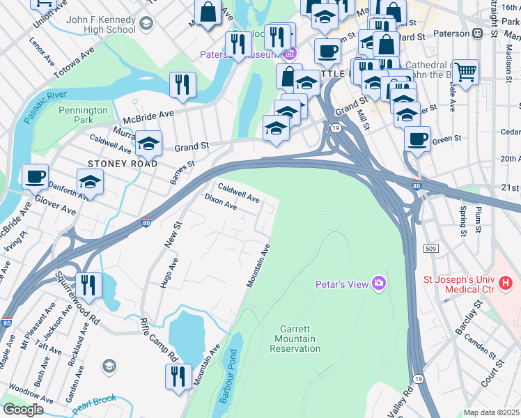 map of restaurants, bars, coffee shops, grocery stores, and more near 74 Garret Street in Paterson