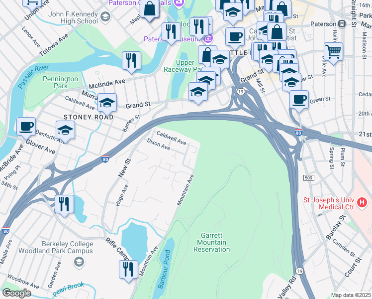 map of restaurants, bars, coffee shops, grocery stores, and more near 74 Garret Street in Paterson