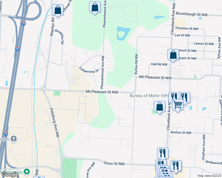 map of restaurants, bars, coffee shops, grocery stores, and more near 3691 Mount Pleasant Street Northwest in North Canton